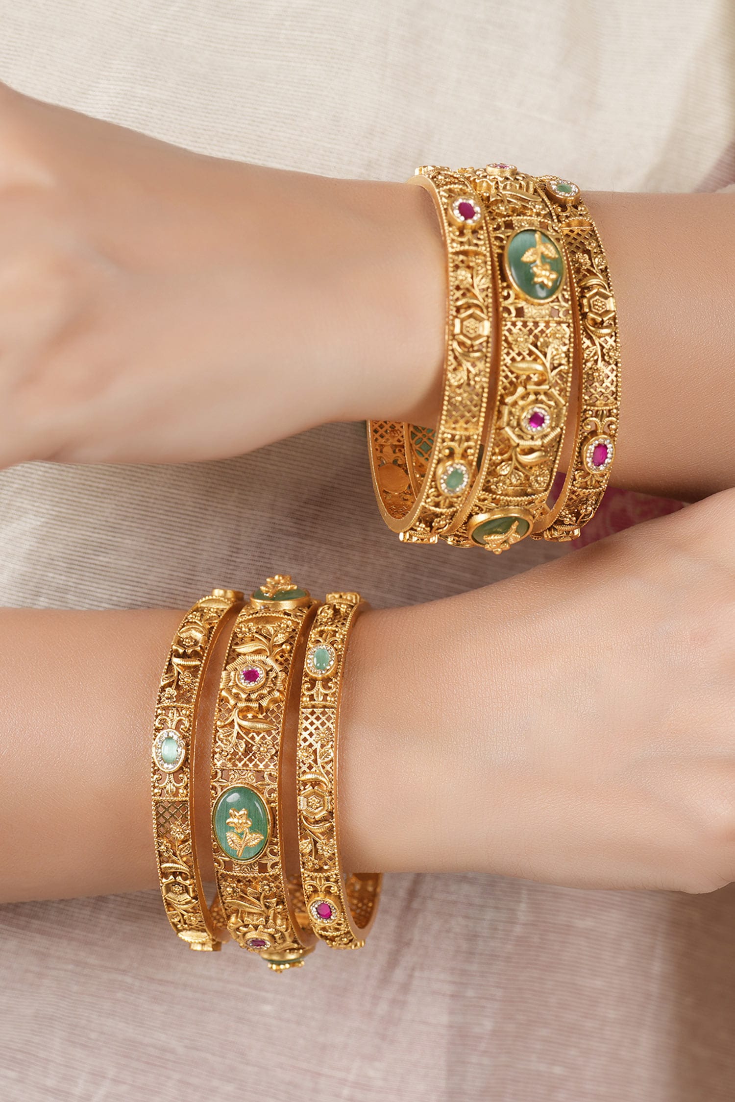 Antique Floral Carved Embellished Bangles - Set of 6 
