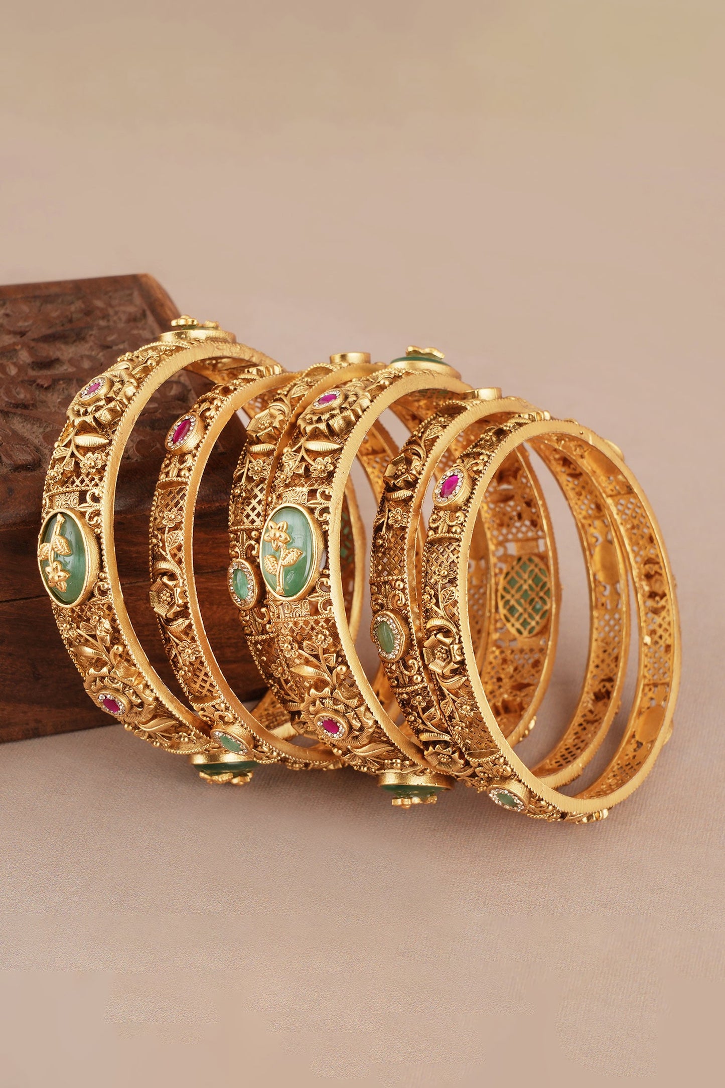 Antique Floral Carved Embellished Bangles - Set of 6 
