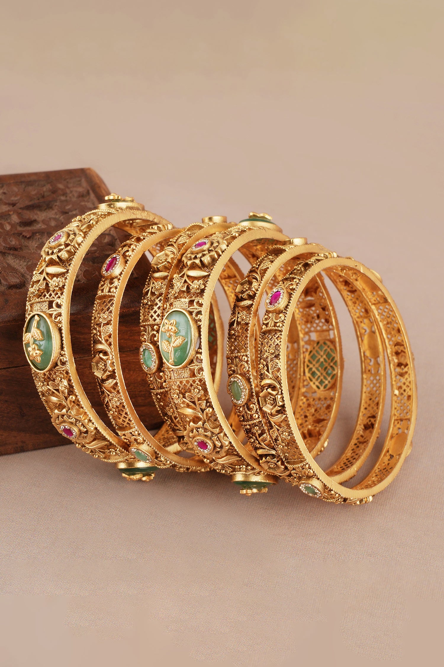 Antique Floral Carved Embellished Bangles - Set of 6 