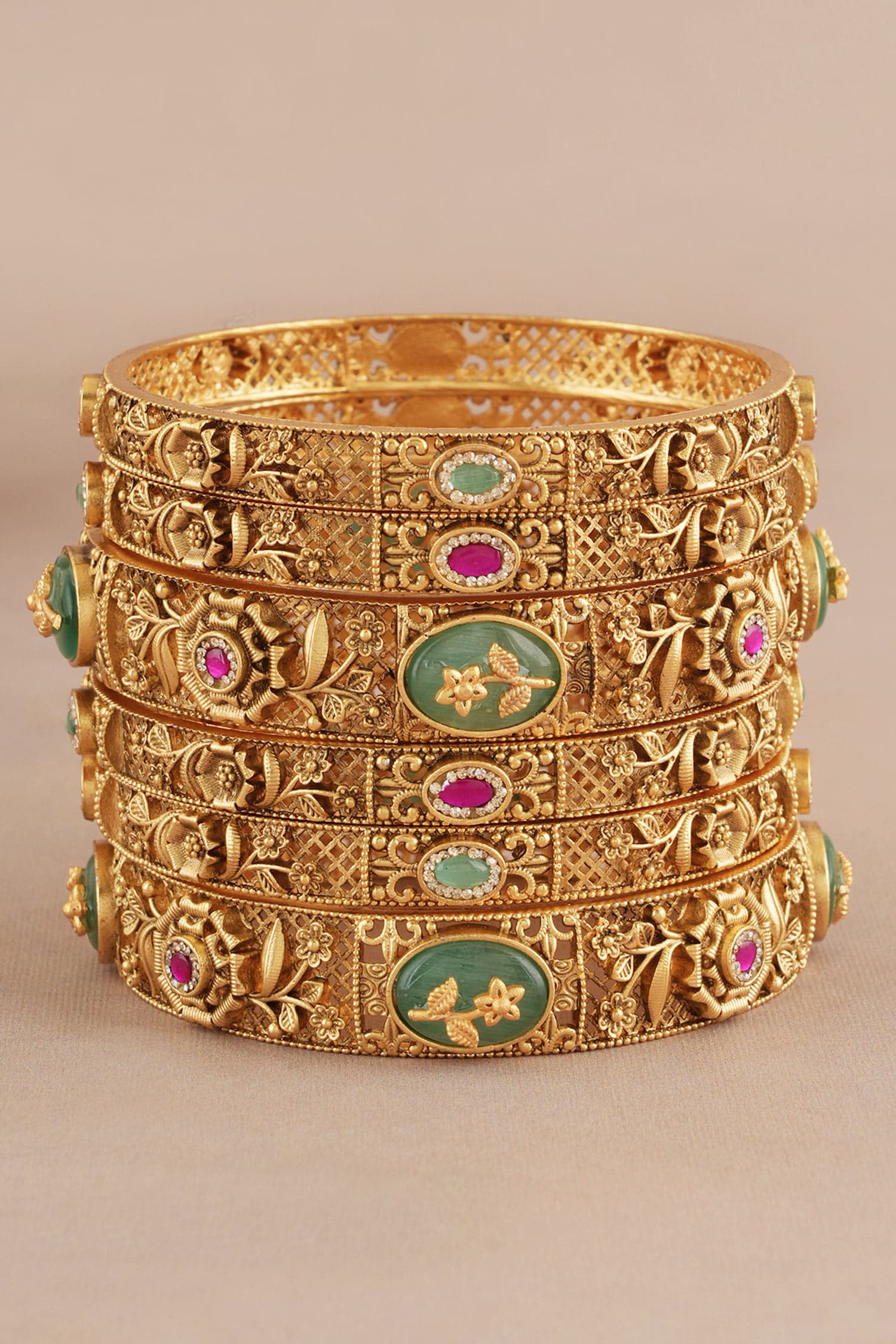 Antique Floral Carved Embellished Bangles - Set of 6 