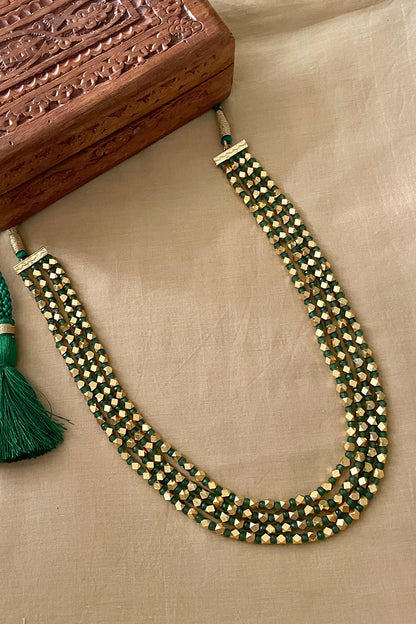 Green Beaded Long Layered Necklace 