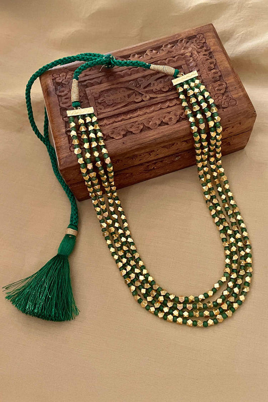 Green Beaded Long Layered Necklace 