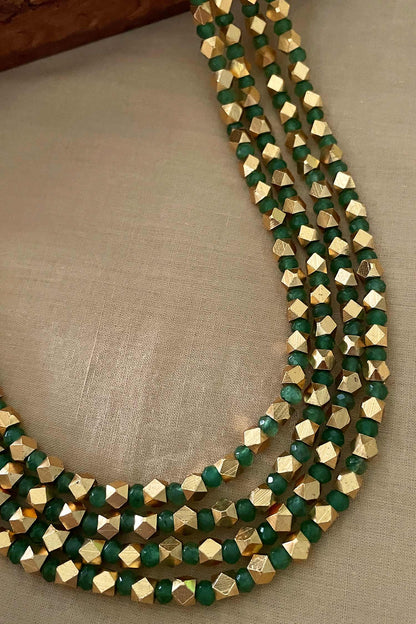 Green Beaded Long Layered Necklace 