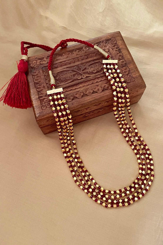 Red Beaded Long Layered Necklace 