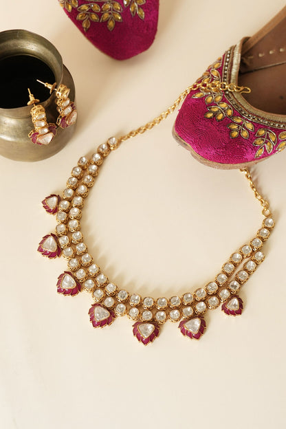 Floral Motif Red Enamelled Necklace Set 