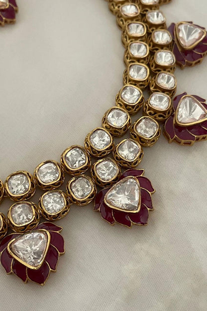 Floral Motif Red Enamelled Necklace Set 