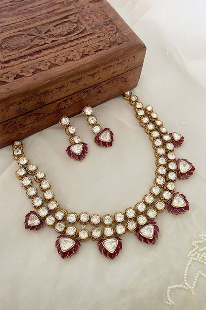 Floral Motif Red Enamelled Necklace Set 