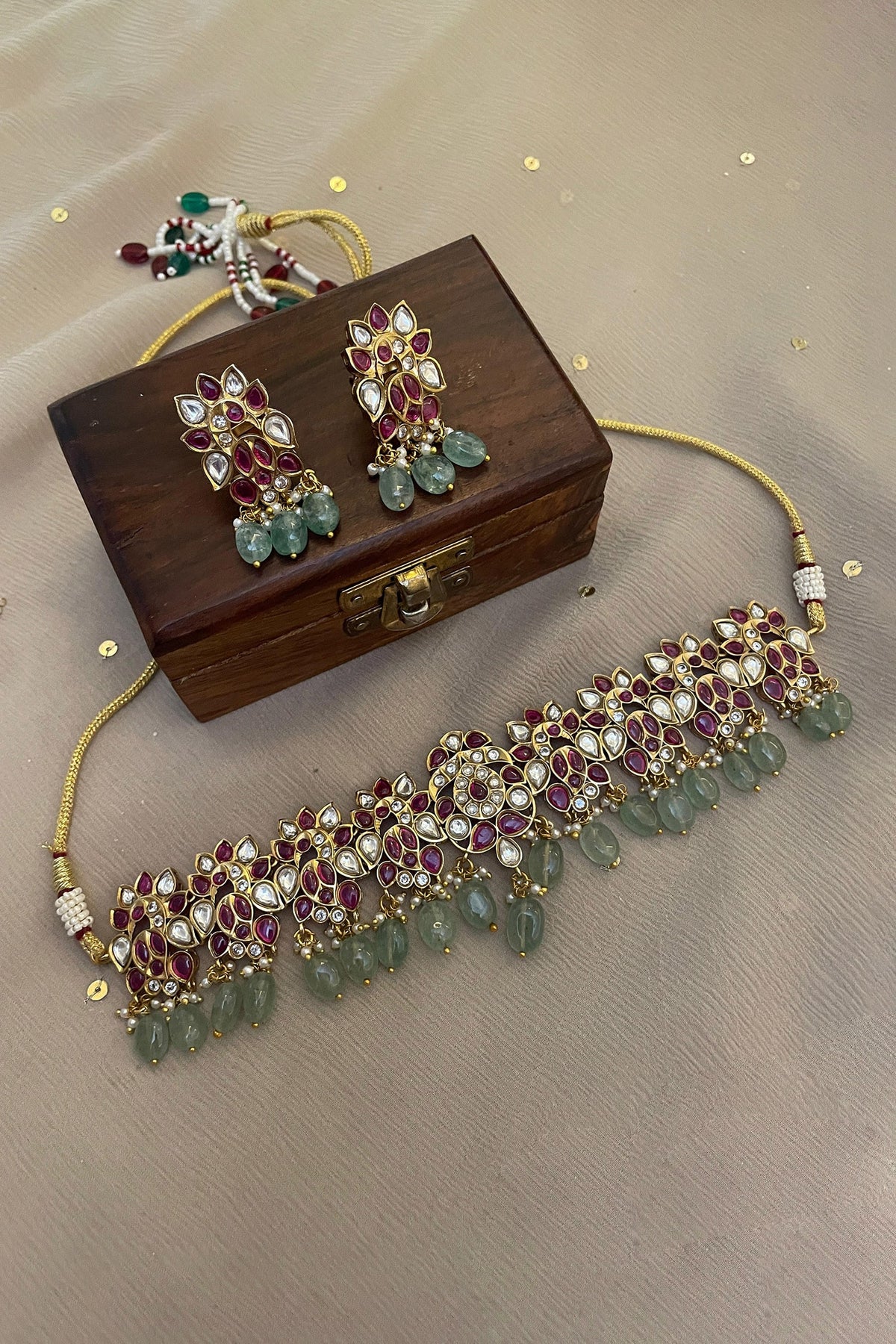 Floral Polki Embellished Beaded Necklace Set 