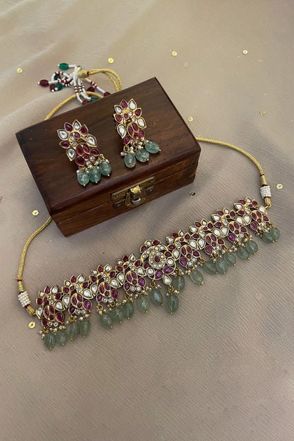 Floral Polki Embellished Beaded Necklace Set 