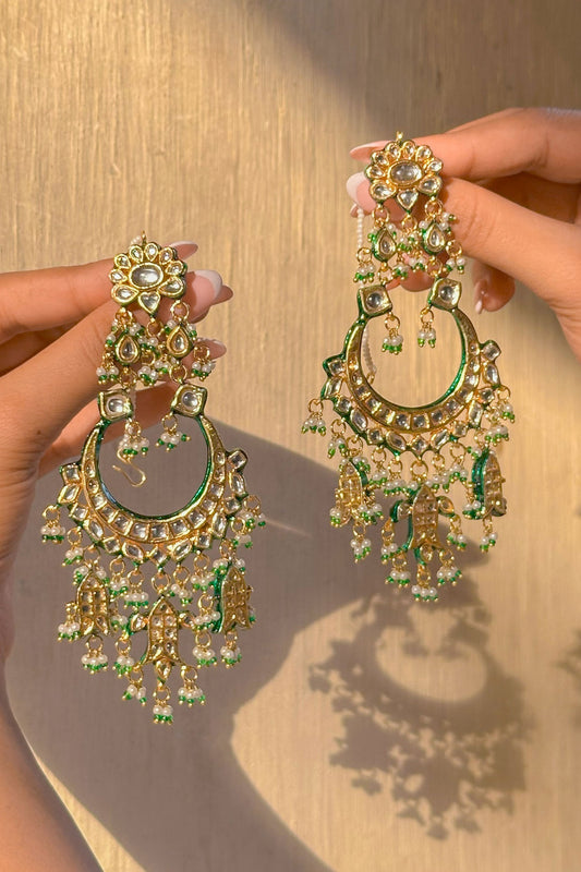 Kundan Embellished Green Chandbalis 