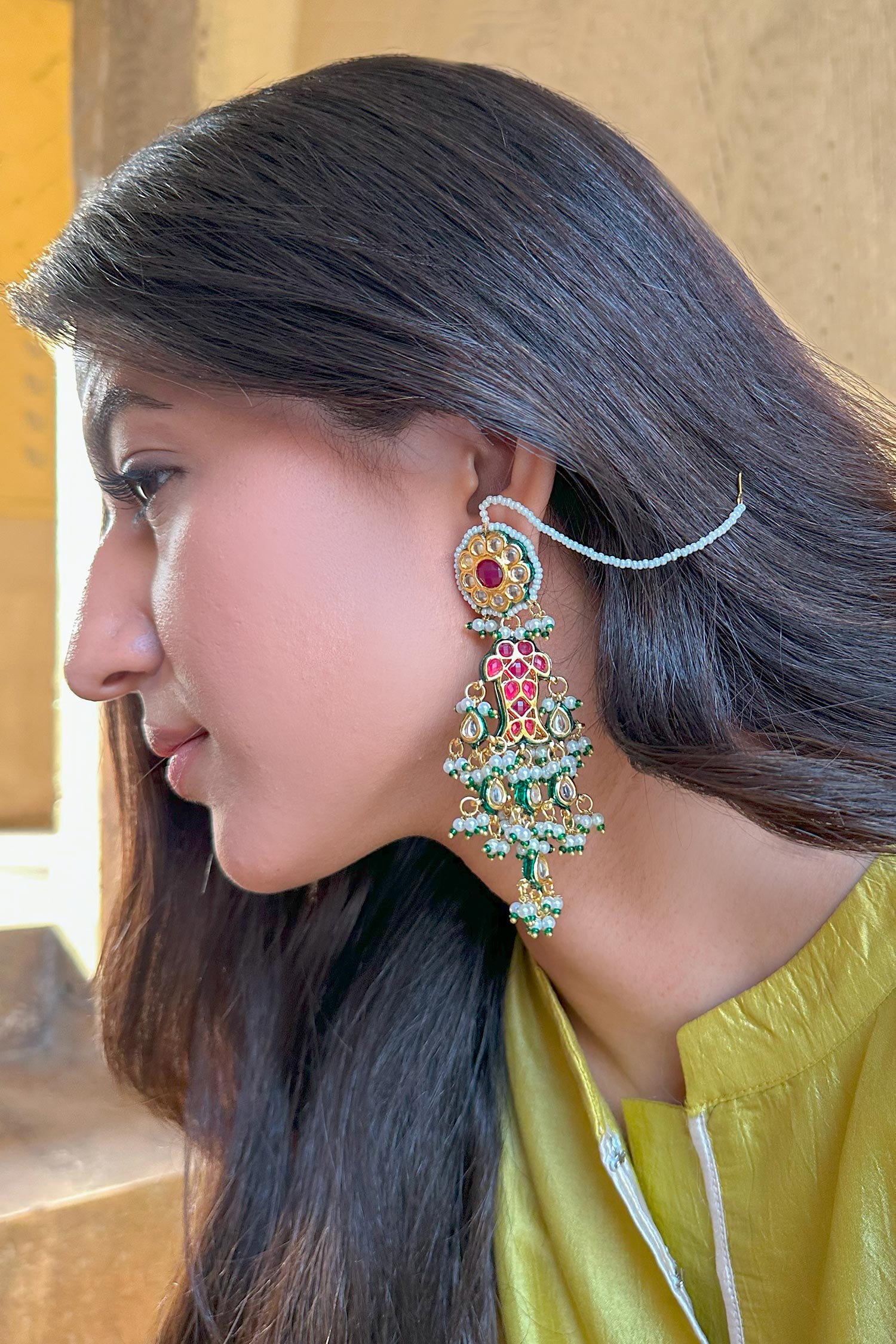 Fish Motif Embellished Kundan Long Earrings 