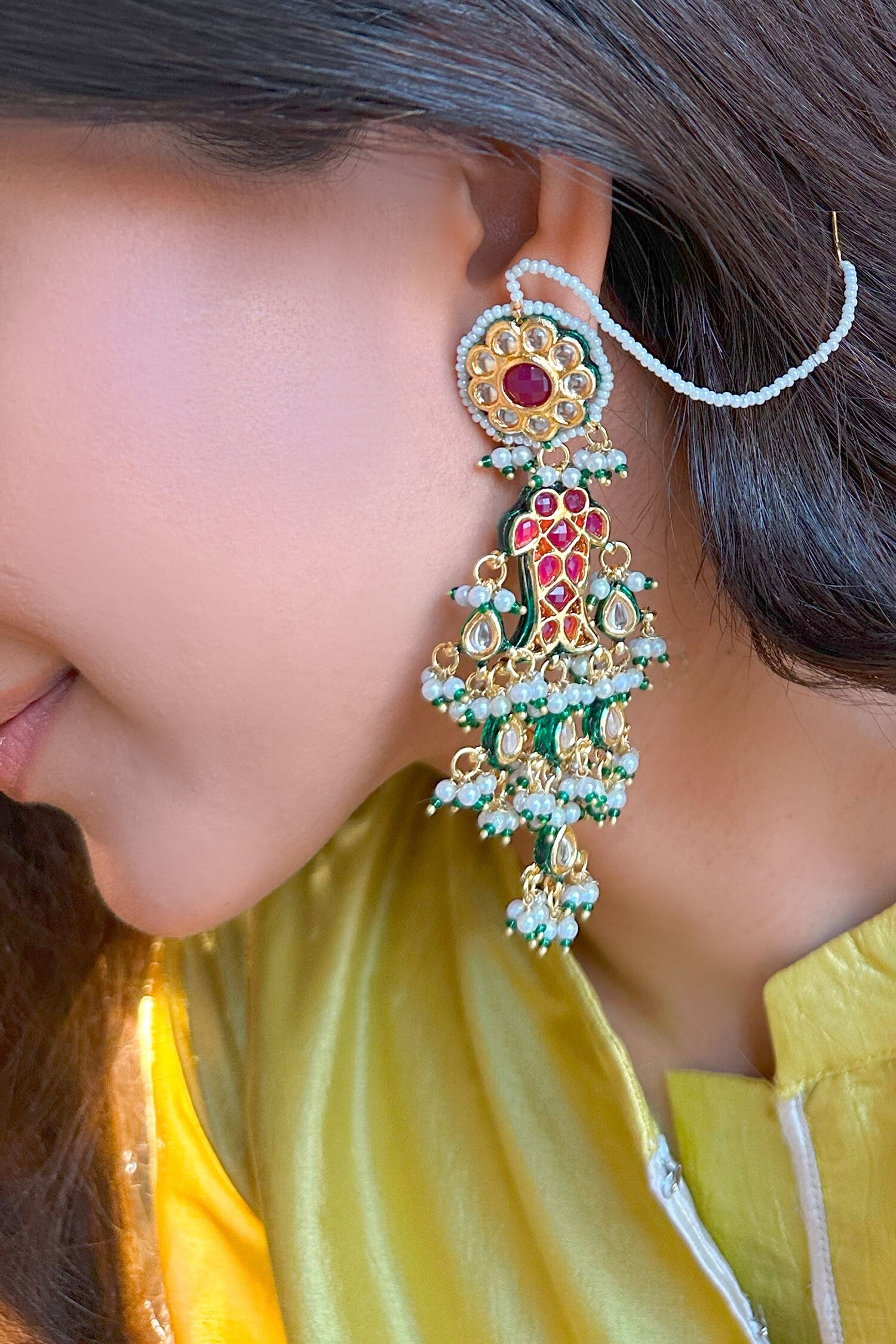 Fish Motif Embellished Kundan Long Earrings 