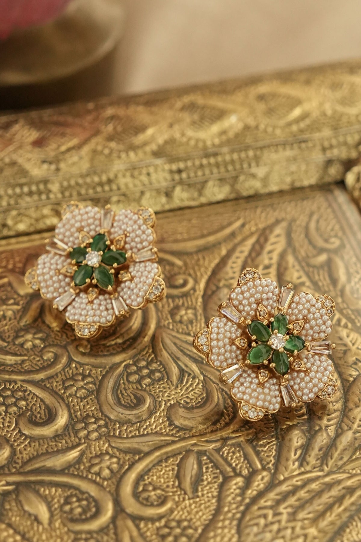 Pearl Studded Floral Stud Earrings 