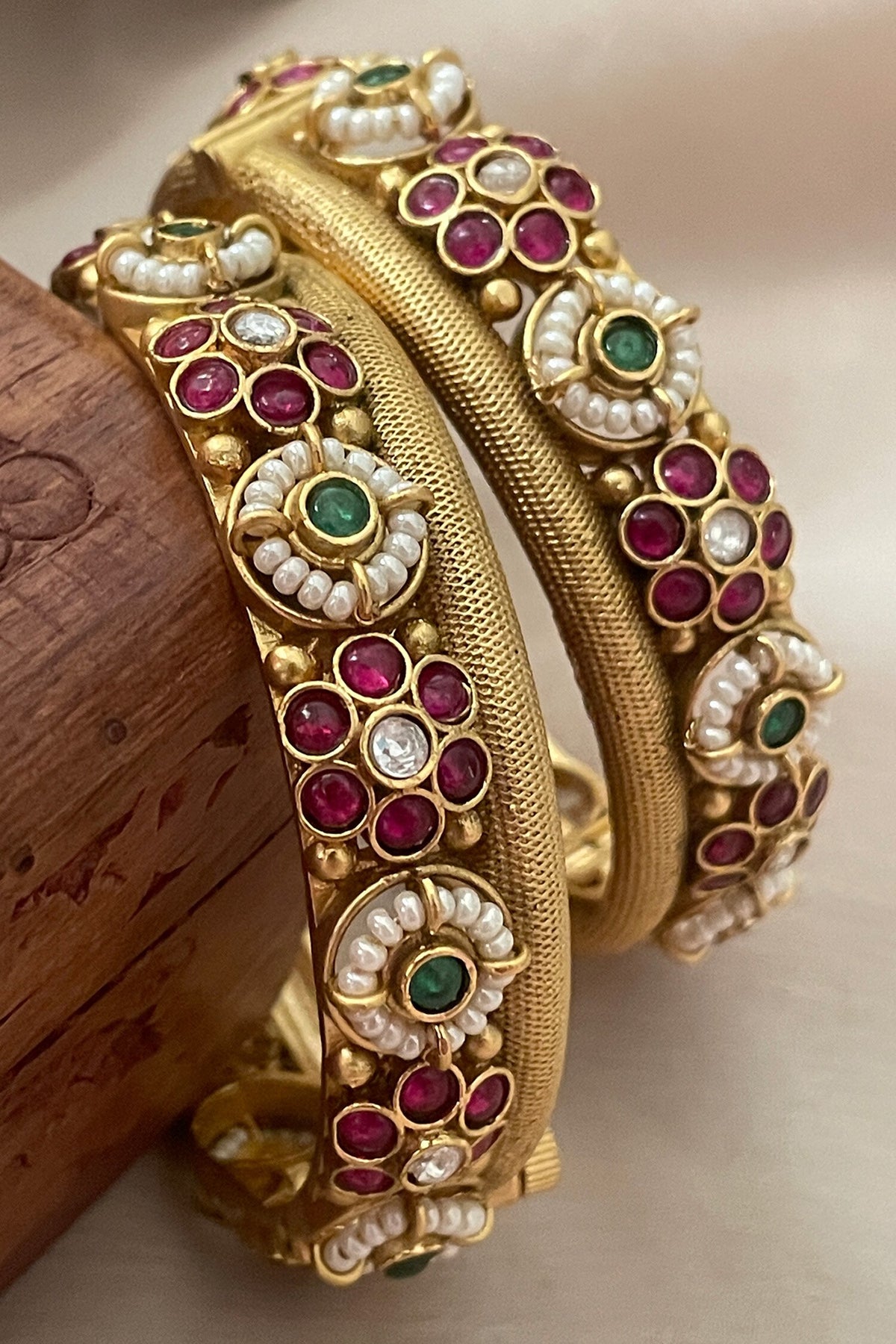 Temple & Pearl Embellished Pair of Bangles 