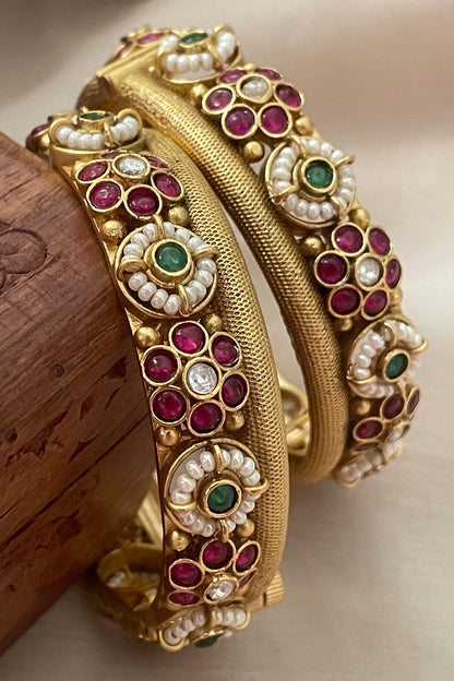 Temple & Pearl Embellished Pair of Bangles 
