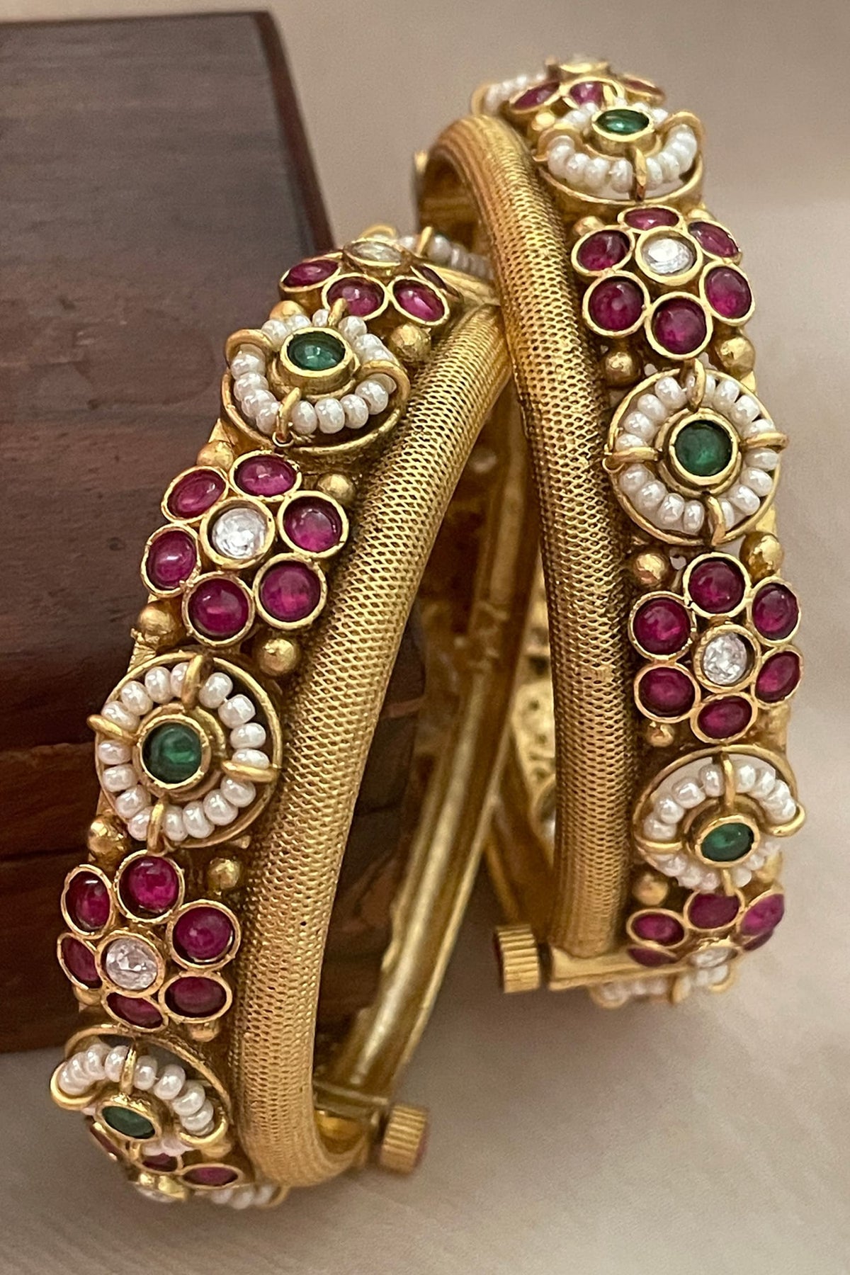 Temple & Pearl Embellished Pair of Bangles 