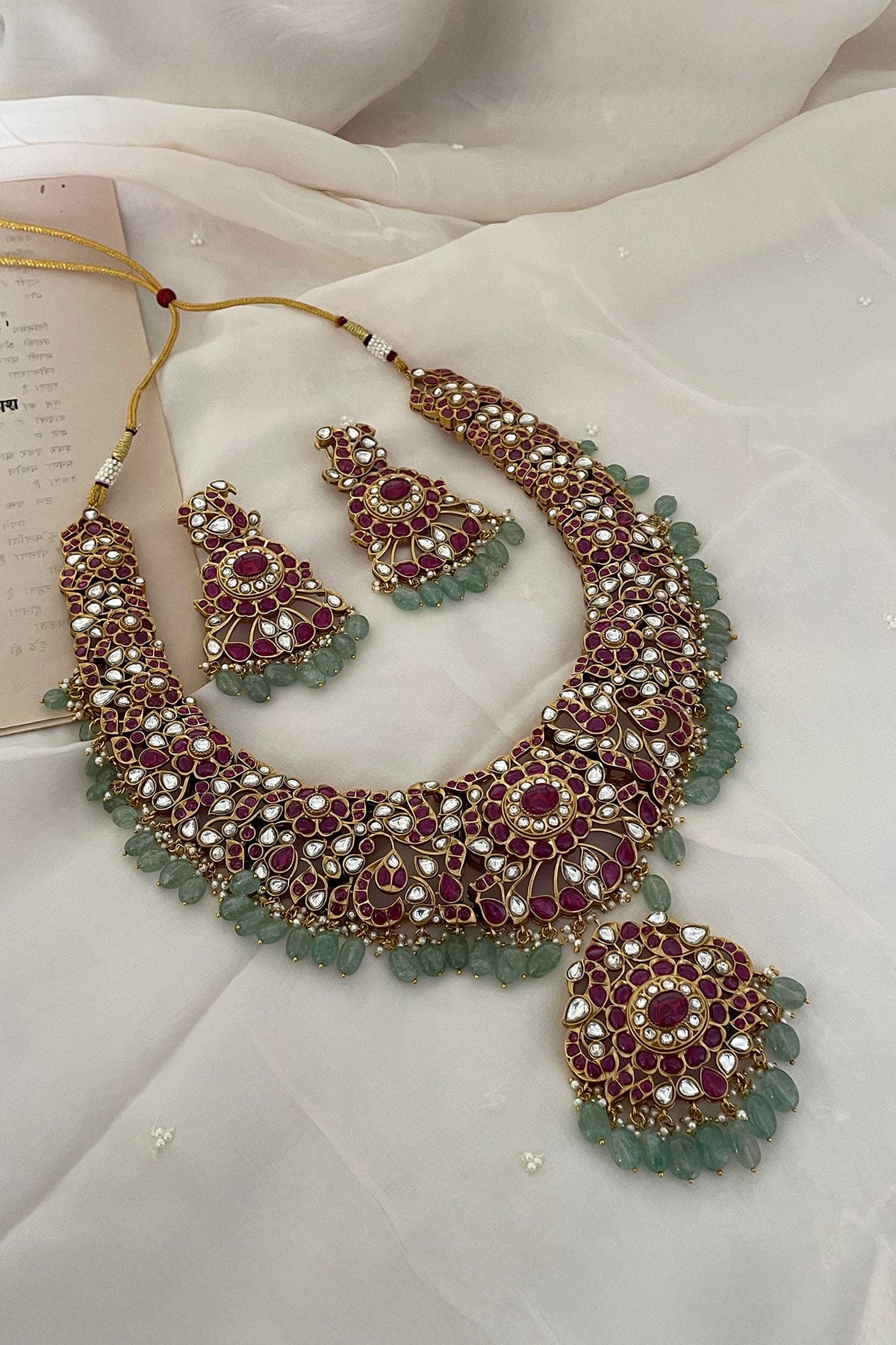 Red Polki Embellished Pendant Necklace Set 