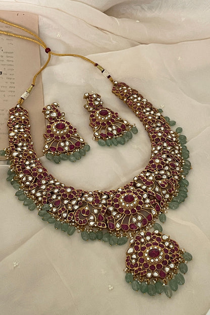 Red Polki Embellished Pendant Necklace Set 