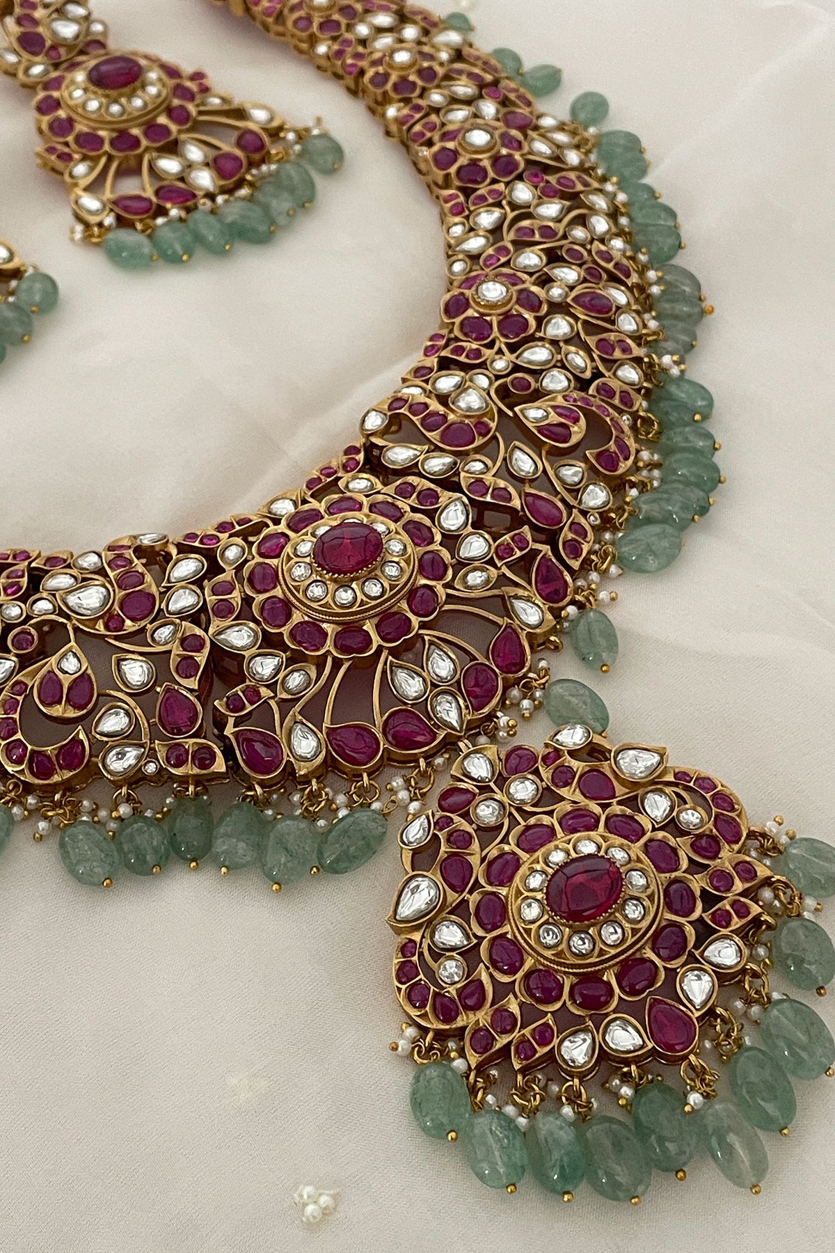 Red Polki Embellished Pendant Necklace Set 