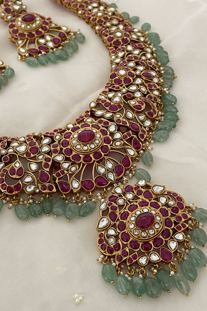 Red Polki Embellished Pendant Necklace Set 