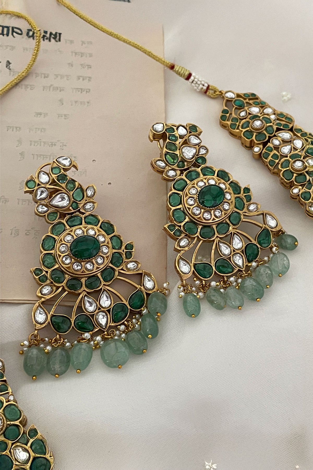 Green Bead Drop Polki Pendant Necklace Set 