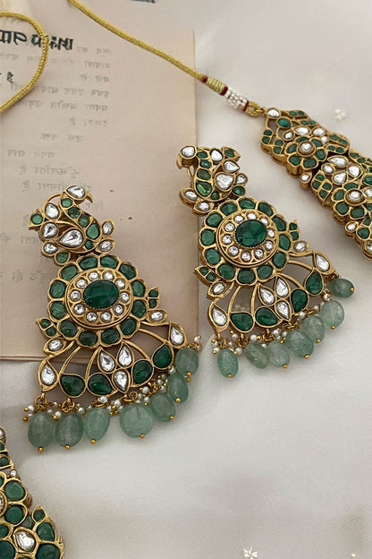 Green Bead Drop Polki Pendant Necklace Set 
