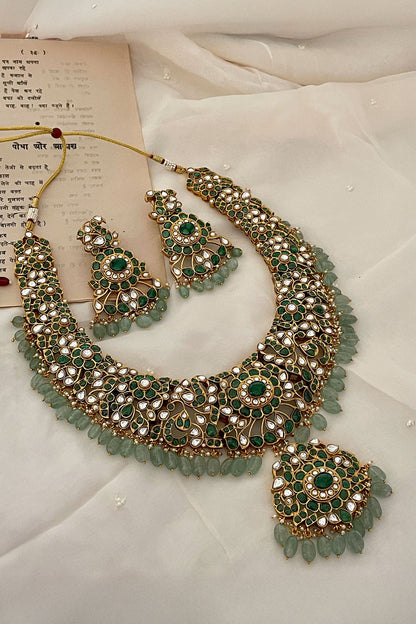 Green Bead Drop Polki Pendant Necklace Set 