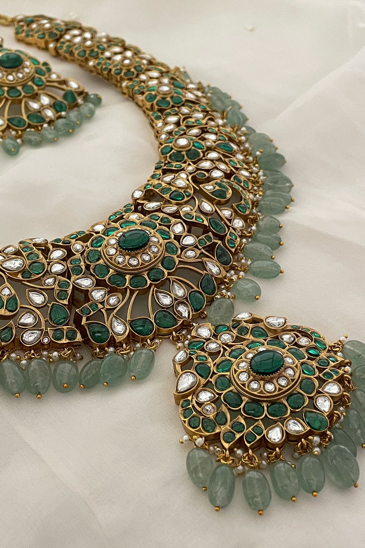 Green Bead Drop Polki Pendant Necklace Set 