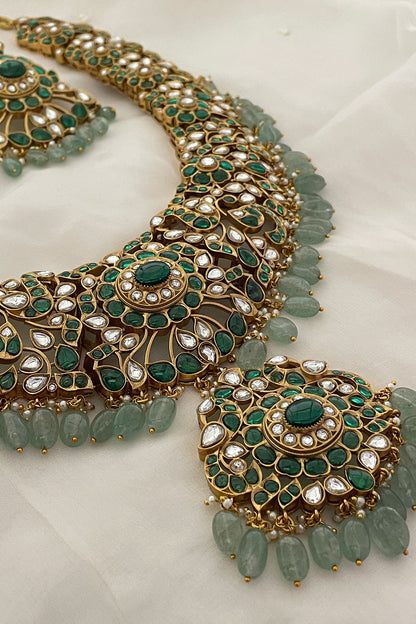 Green Bead Drop Polki Pendant Necklace Set 