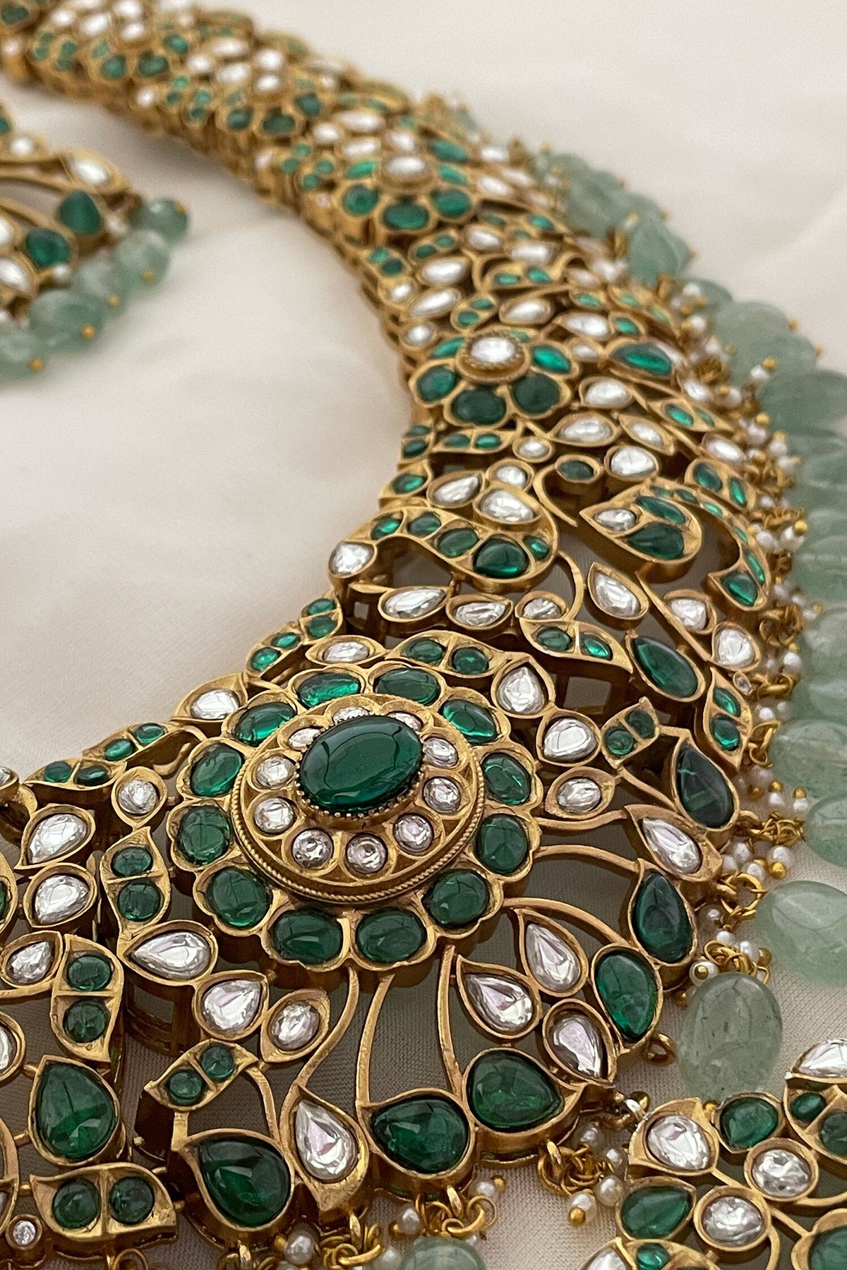 Green Bead Drop Polki Pendant Necklace Set 