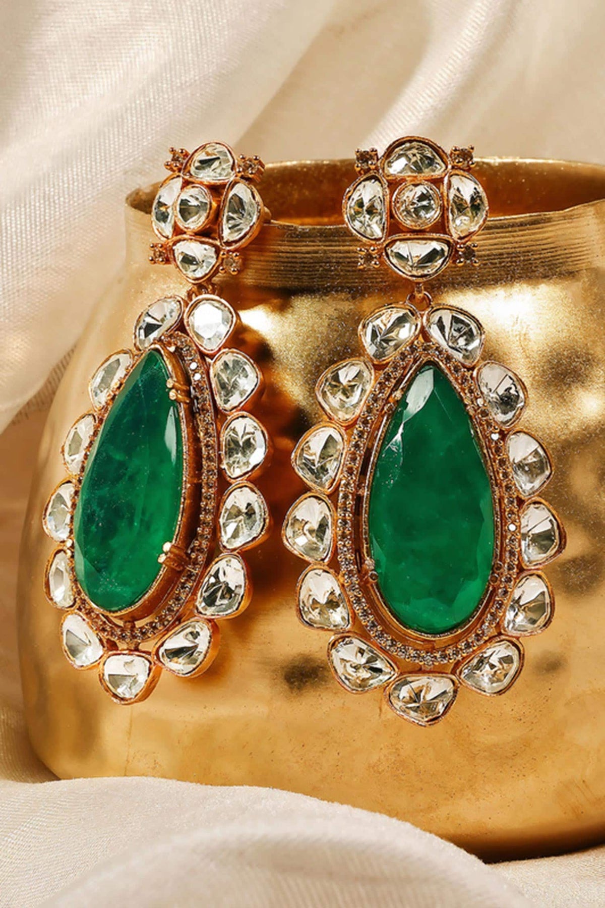 Emerald Teardrop Polki Statement Earrings 
