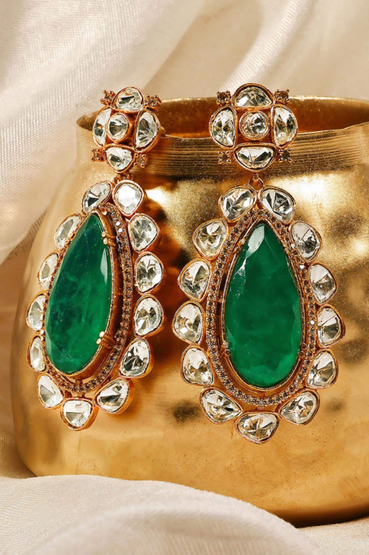 Emerald Teardrop Polki Statement Earrings 