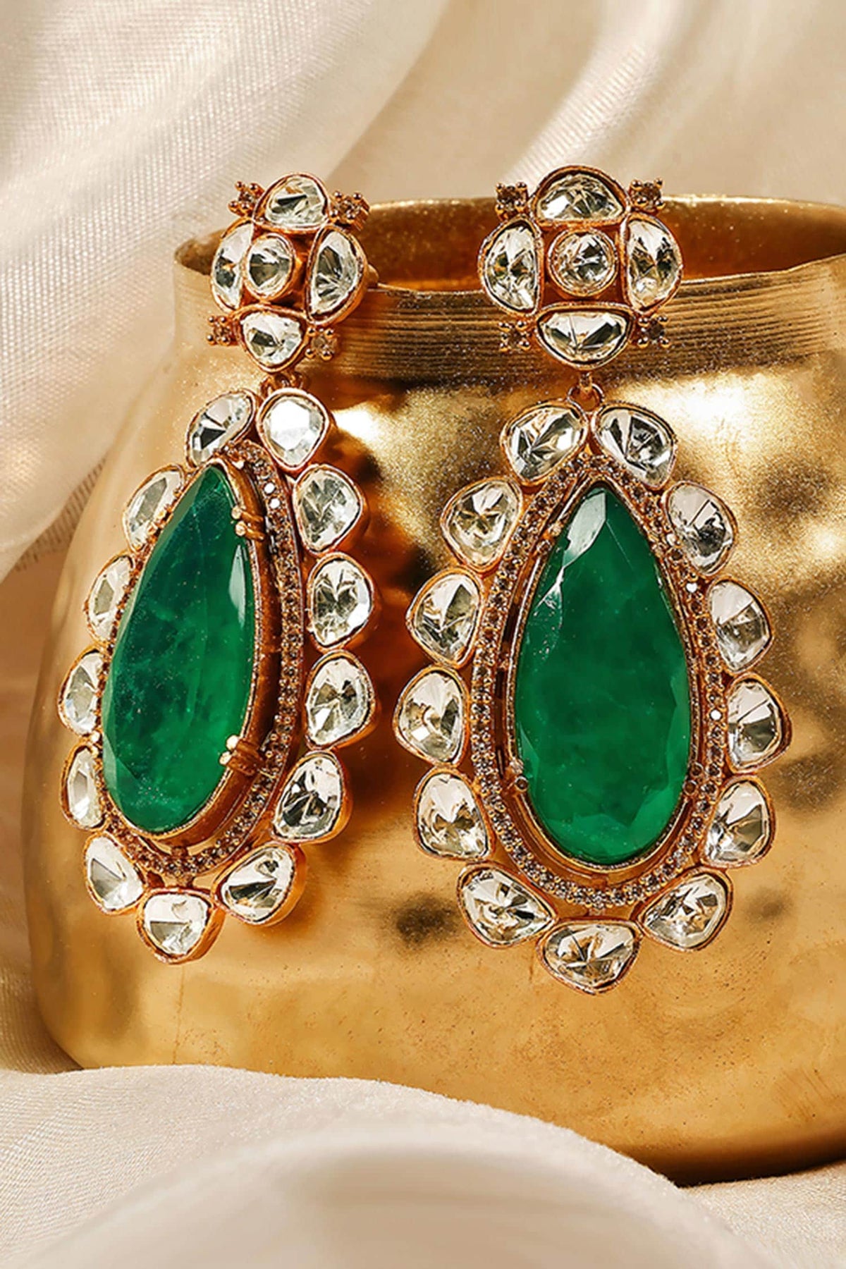 Emerald Teardrop Polki Statement Earrings 