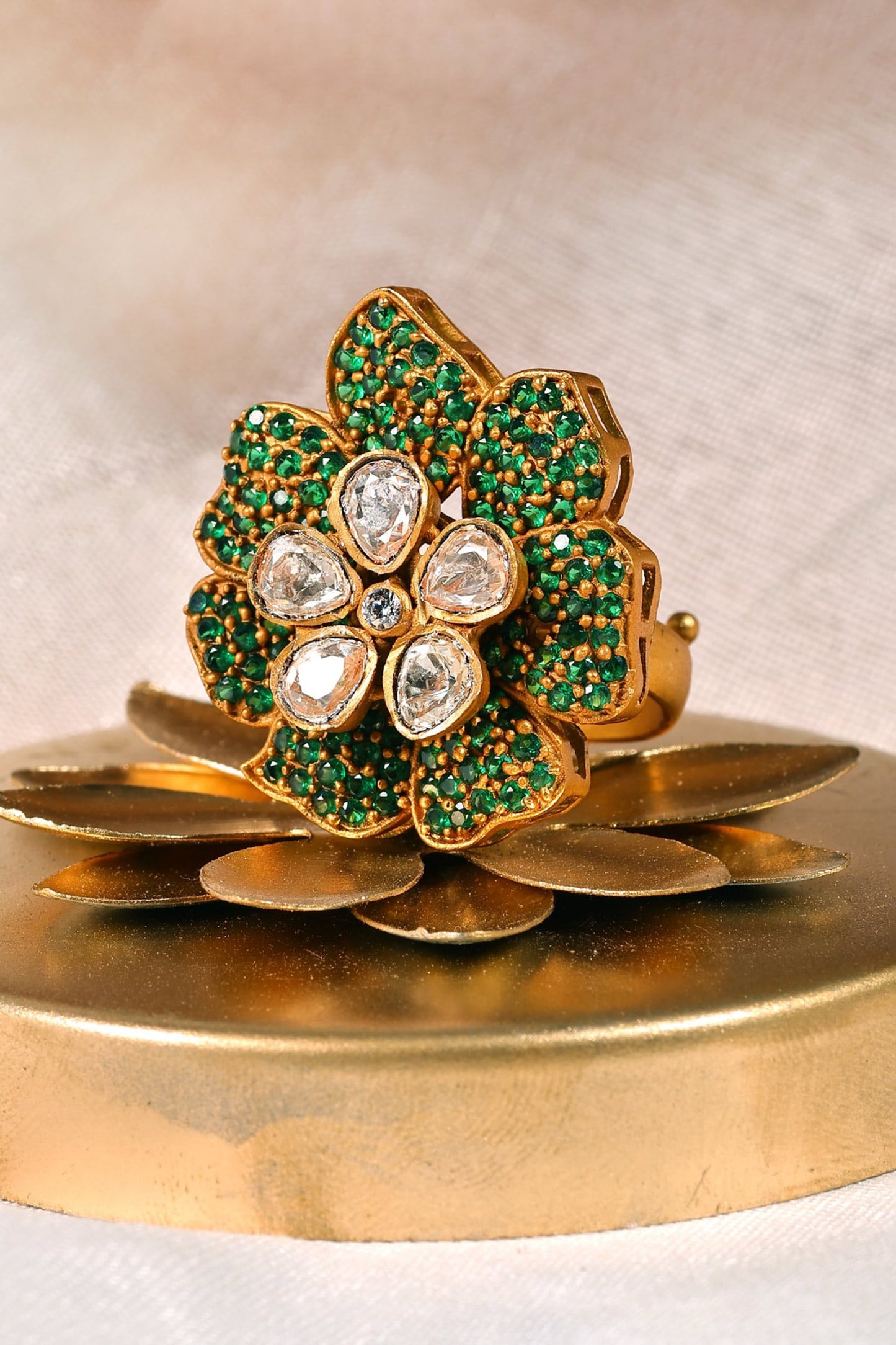 Floral Polki & Green Bead Adjustable Ring 