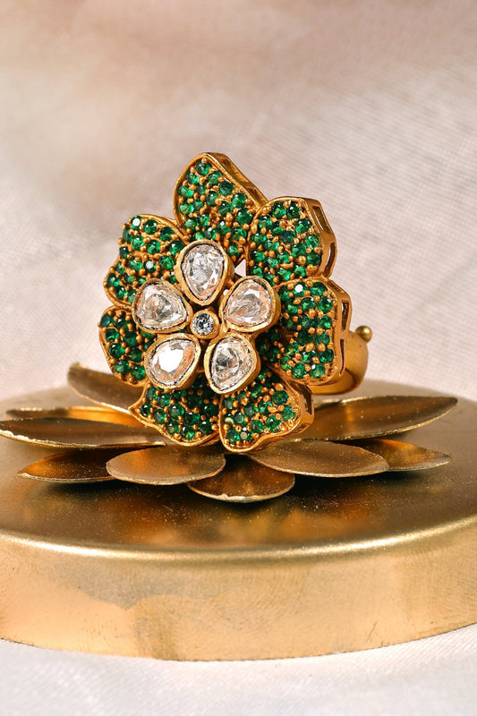 Floral Polki & Green Bead Adjustable Ring 
