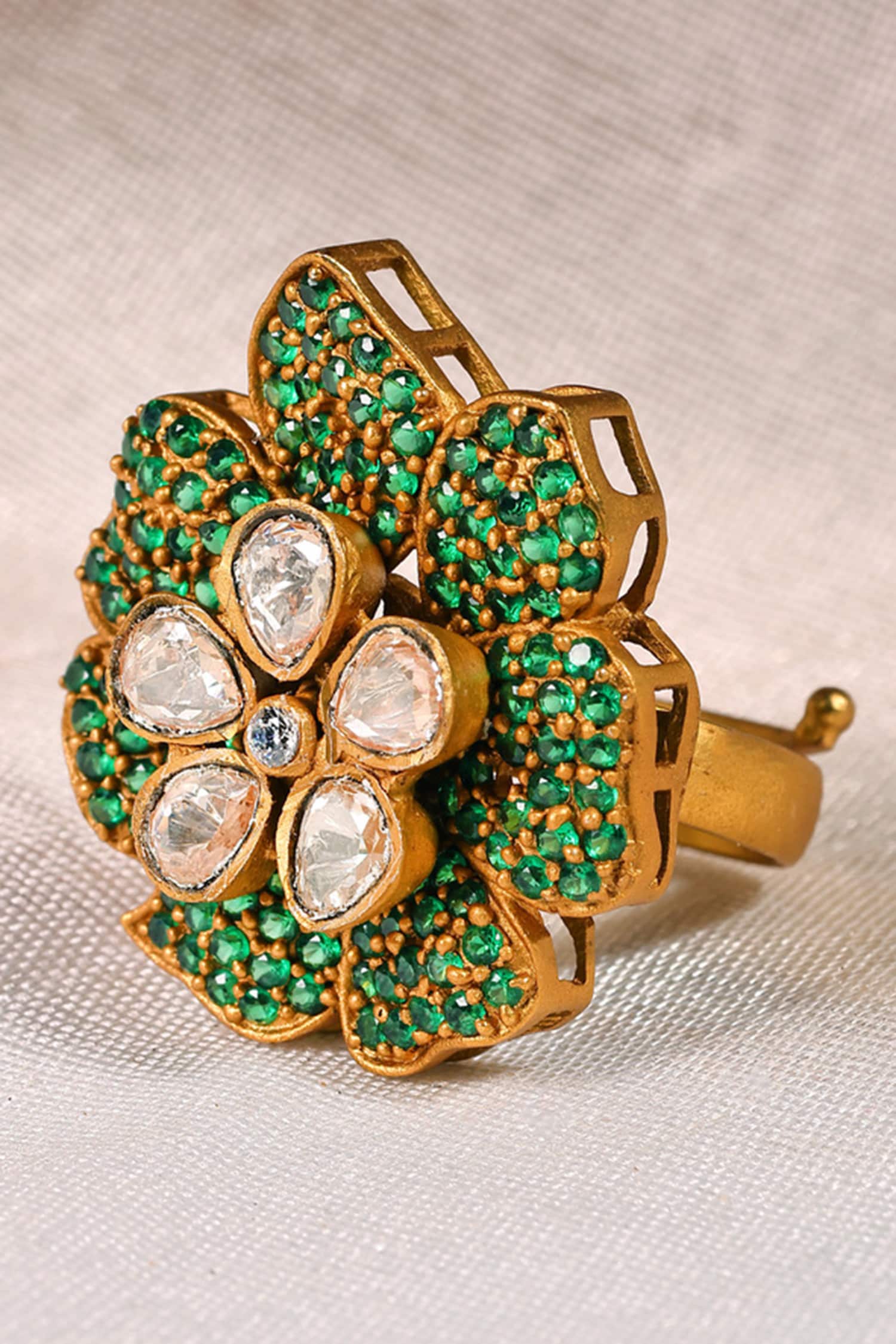 Floral Polki & Green Bead Adjustable Ring 