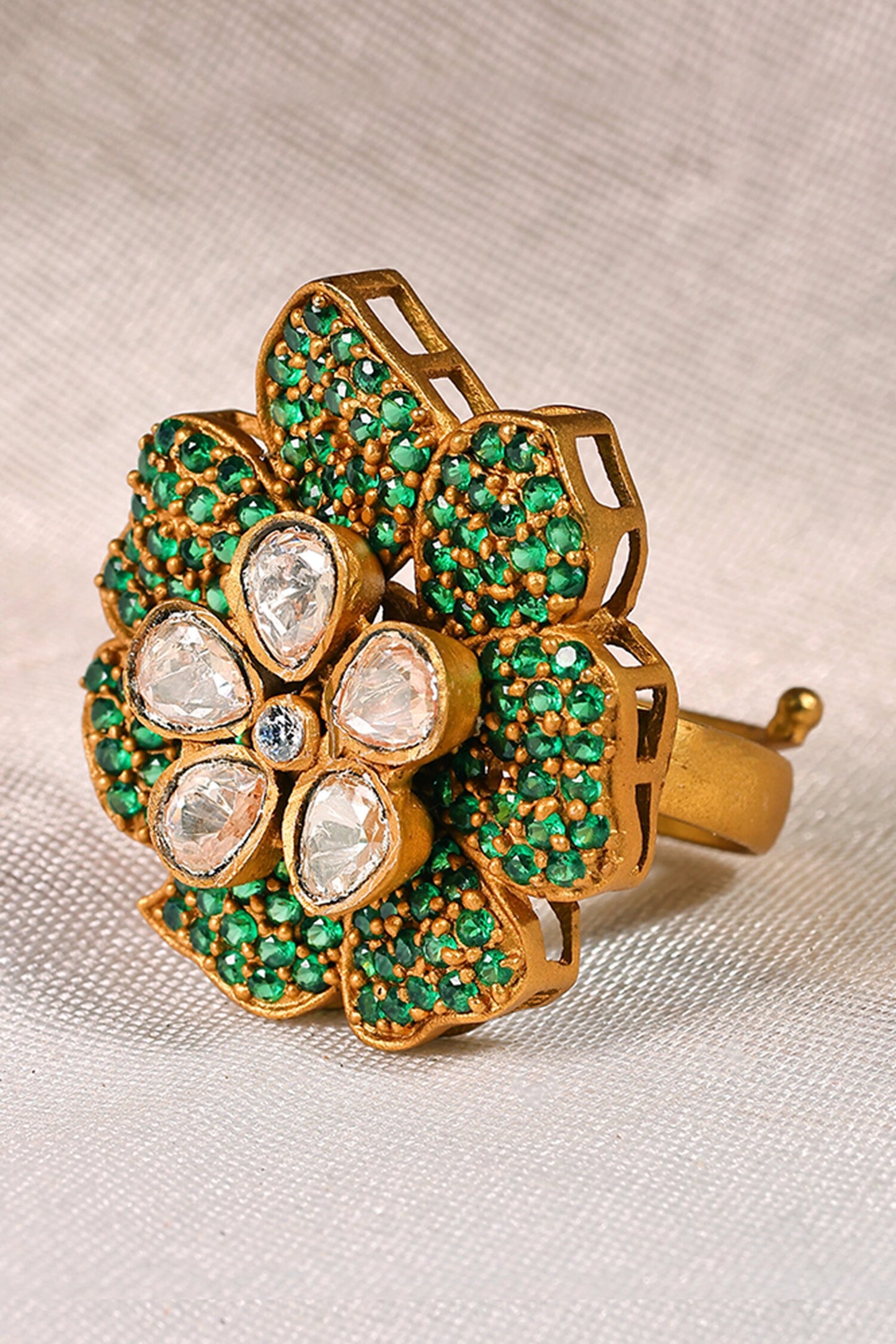 Floral Polki & Green Bead Adjustable Ring 