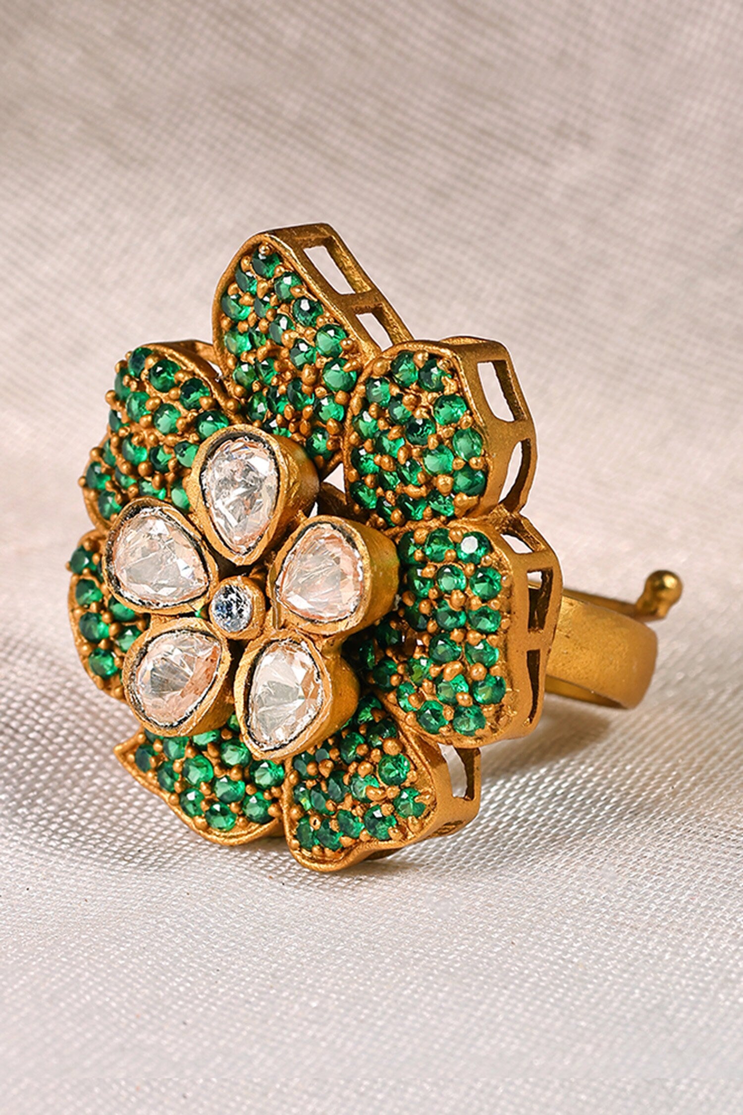 Floral Polki & Green Bead Adjustable Ring 