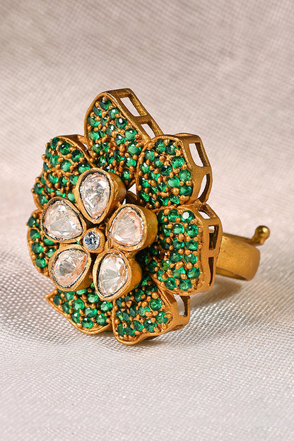 Floral Polki & Green Bead Adjustable Ring 