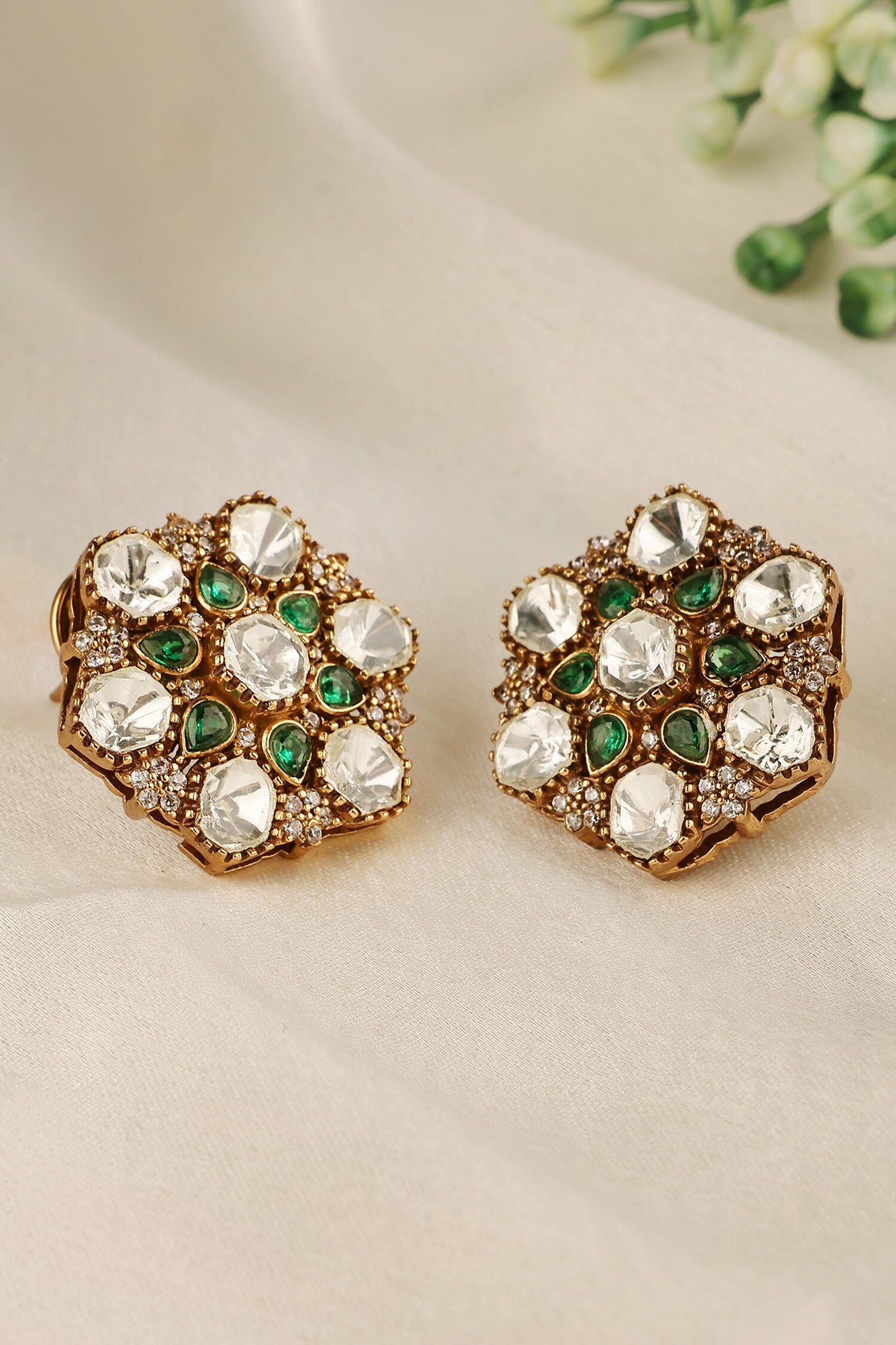 Uncut Polki & Emerald Teardrop Stud Earrings 