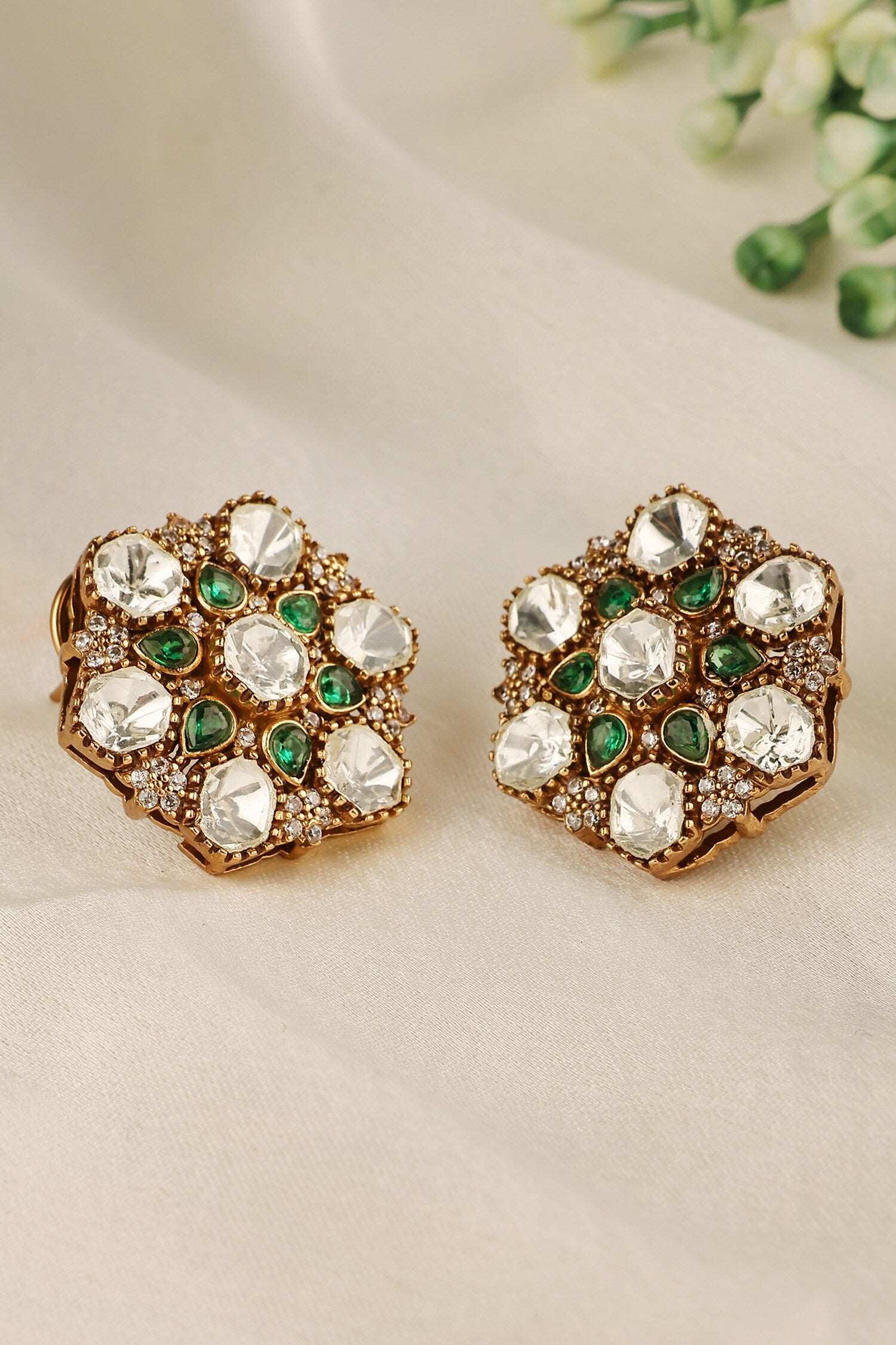 Uncut Polki & Emerald Teardrop Stud Earrings 