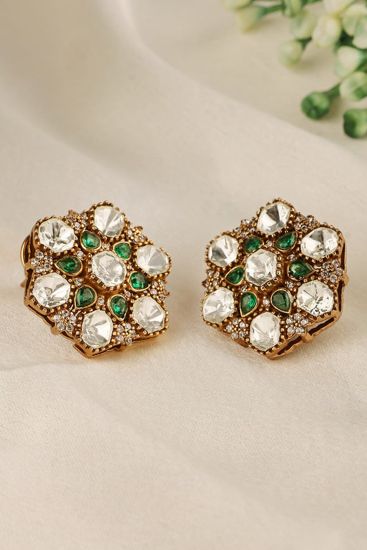 Uncut Polki & Emerald Teardrop Stud Earrings 
