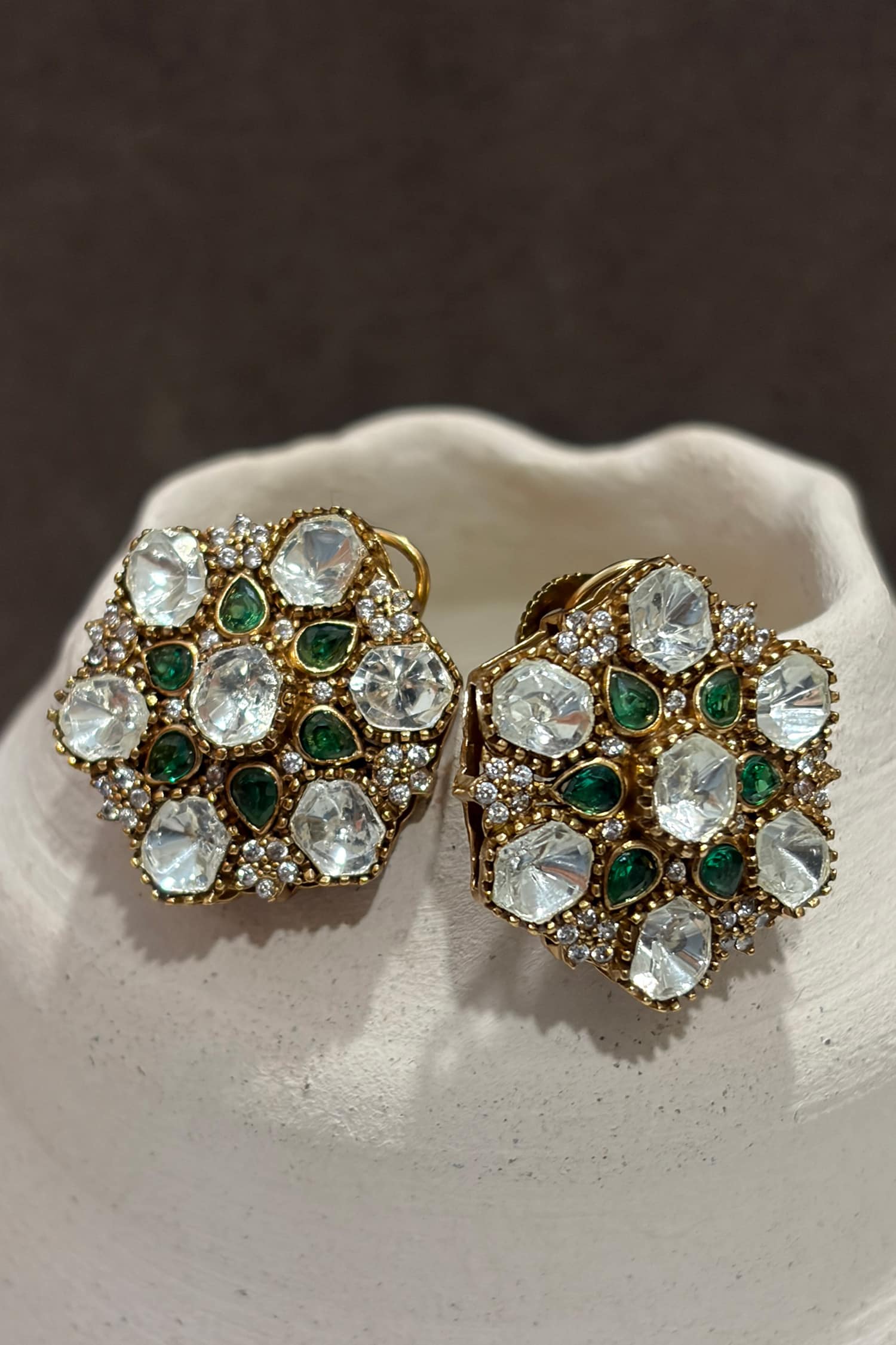 Uncut Polki & Emerald Teardrop Stud Earrings 