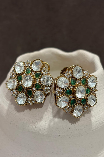 Uncut Polki & Emerald Teardrop Stud Earrings 