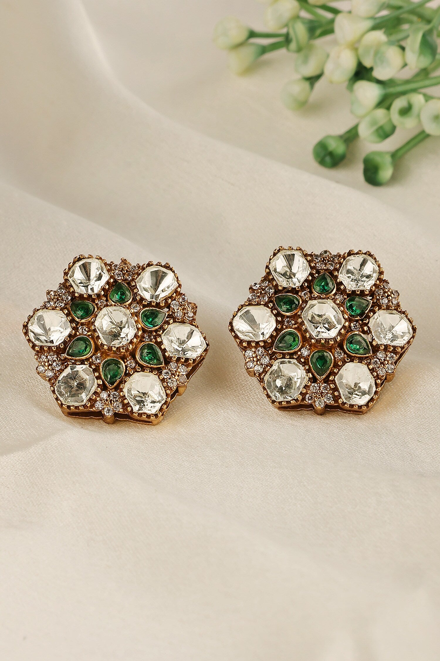 Uncut Polki & Emerald Teardrop Stud Earrings 
