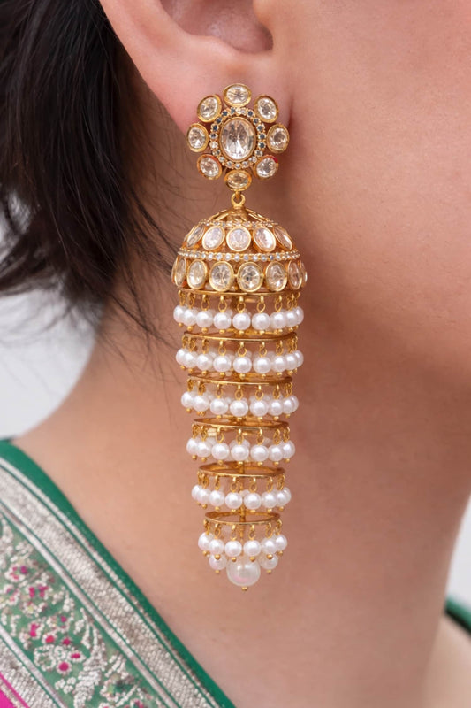 Polki Jhumka Cascading Pearl Danglers 