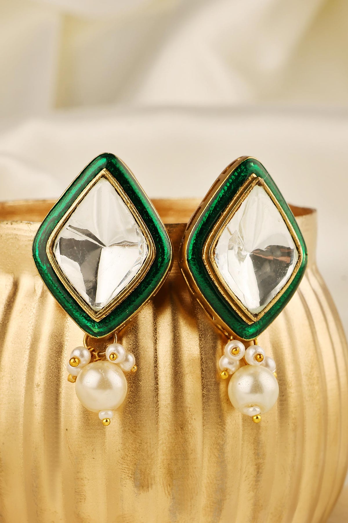 Uncut Polki Enamel Pearl Drop Earrings 