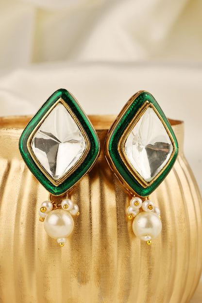 Uncut Polki Enamel Pearl Drop Earrings 