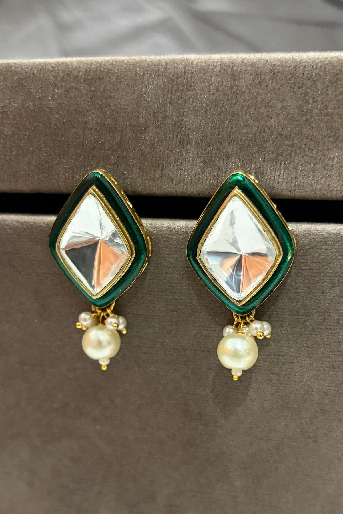 Uncut Polki Enamel Pearl Drop Earrings 