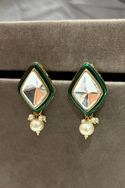 Uncut Polki Enamel Pearl Drop Earrings 
